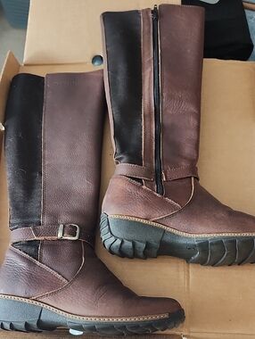 Brown Leather Knee High Boots with Buckle Accent